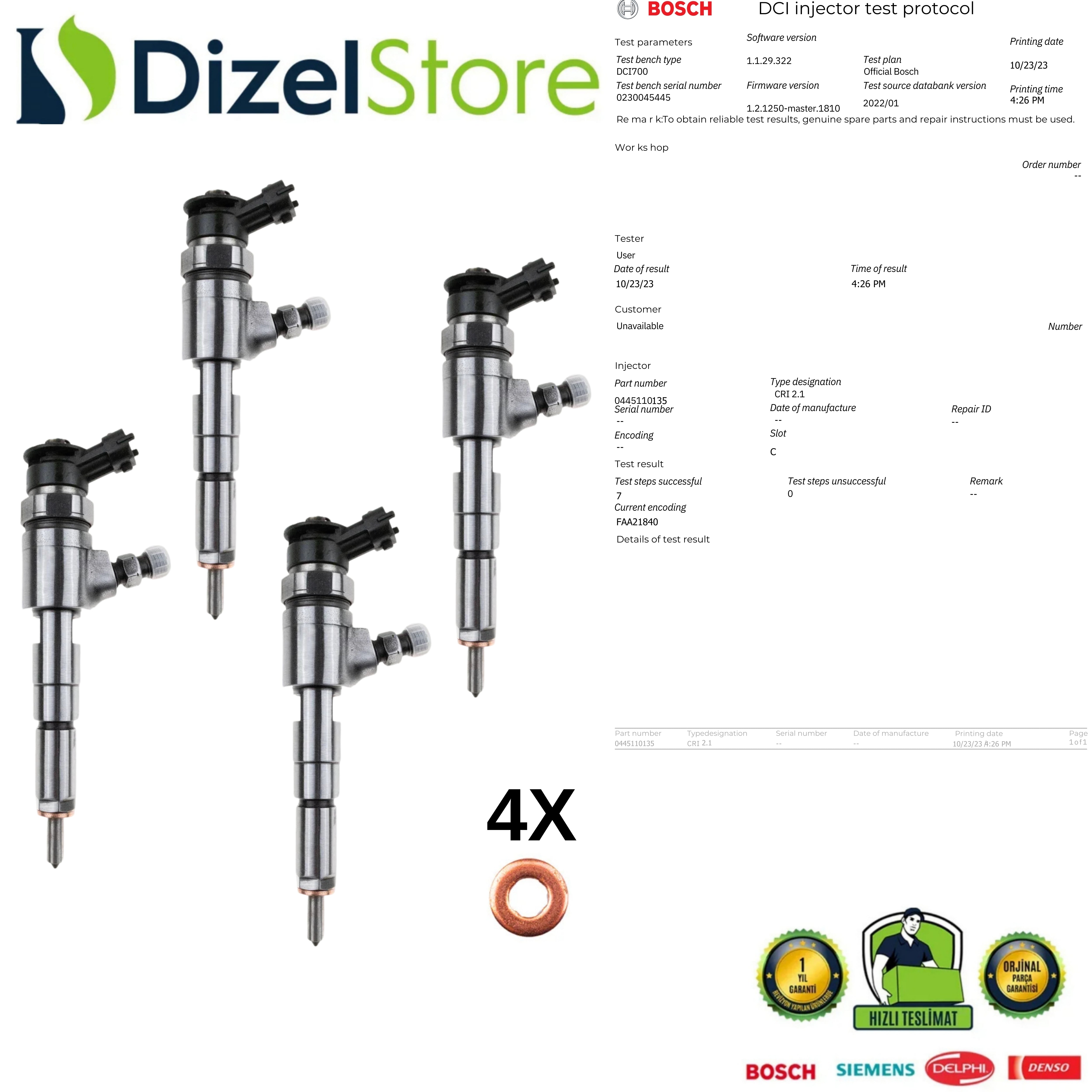 4X Peugeot 206/307 1.4 HDi Bosch Enjektör 0445110135 0986435085