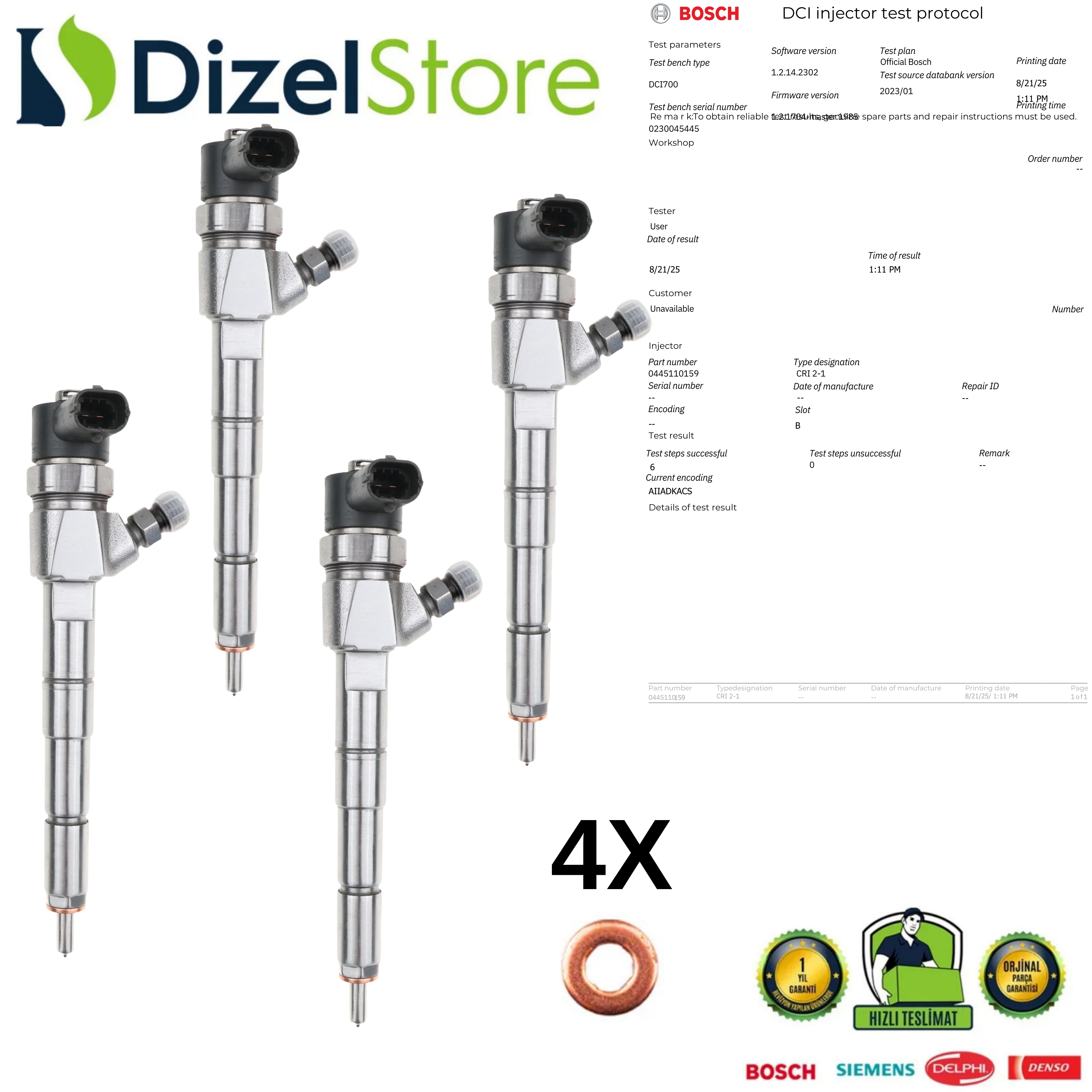 4X OPEL VECTRA/ASTRA 1.9 CDTI ENJEKTÖR 0445110159 0000055191958