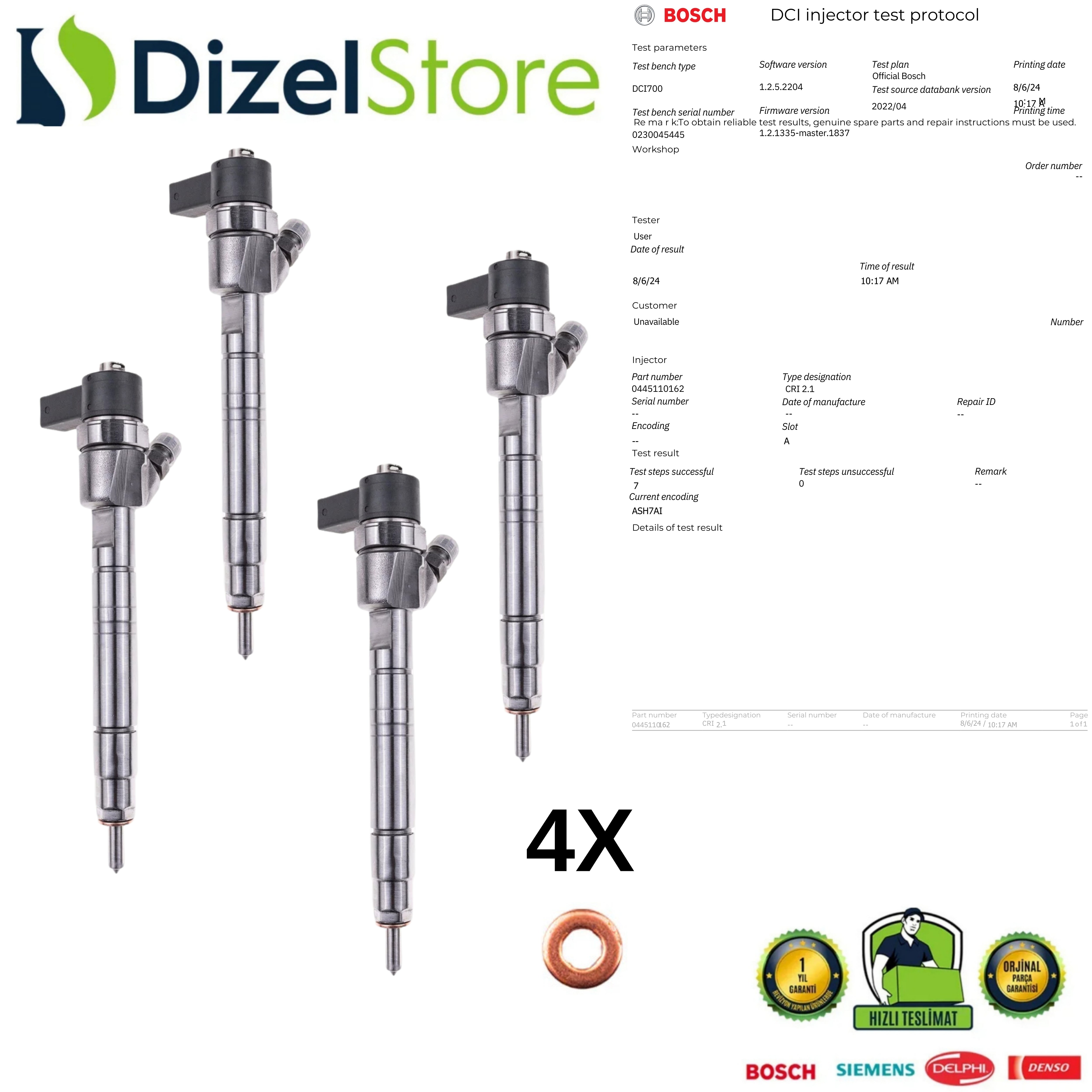 4X Mercedes Sprinter T3-T4 Enjektör 0445110162 A6470700187