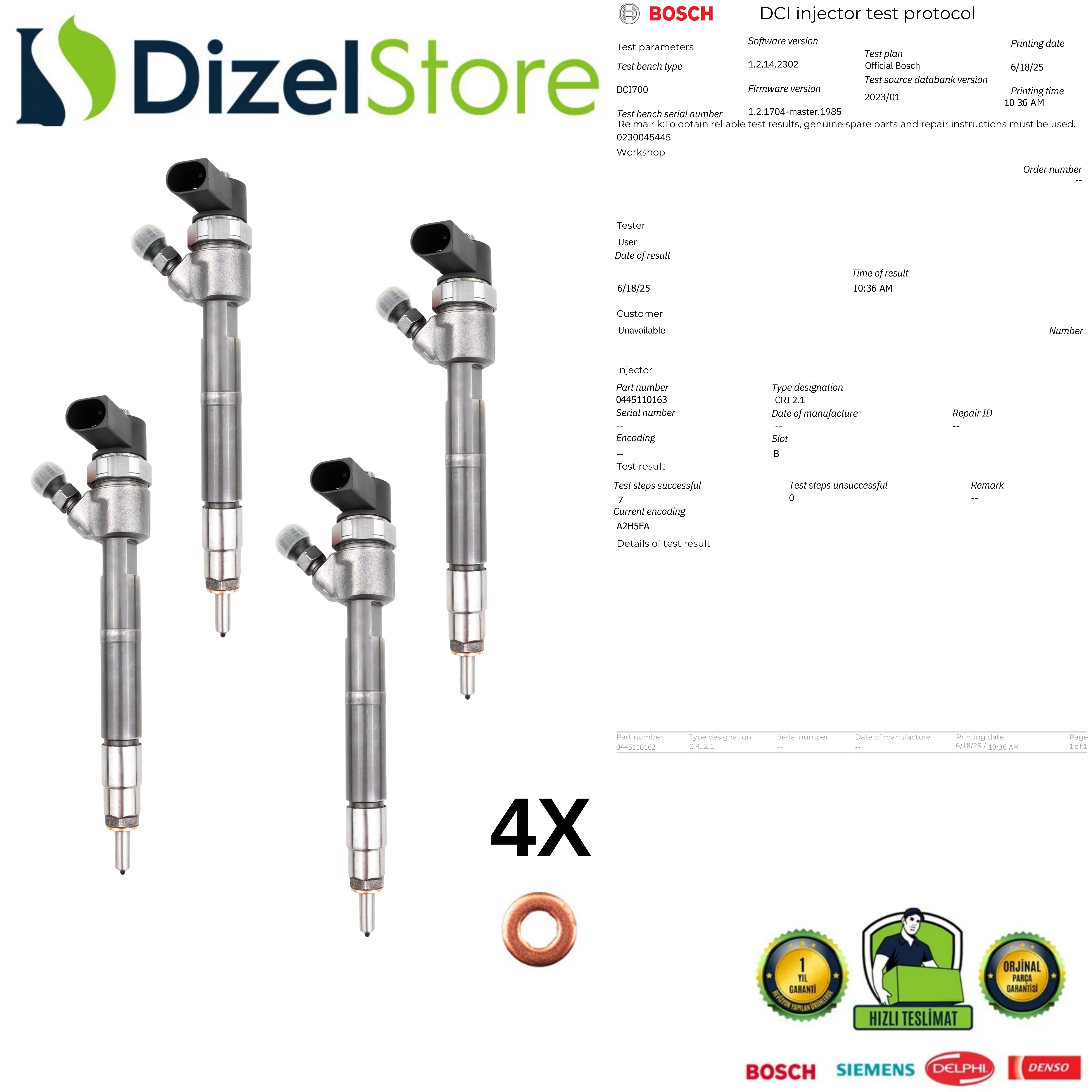 4X Mercedes Sprinter T3-T4 Enjektör 316 CDI A6470700187 0445110163
