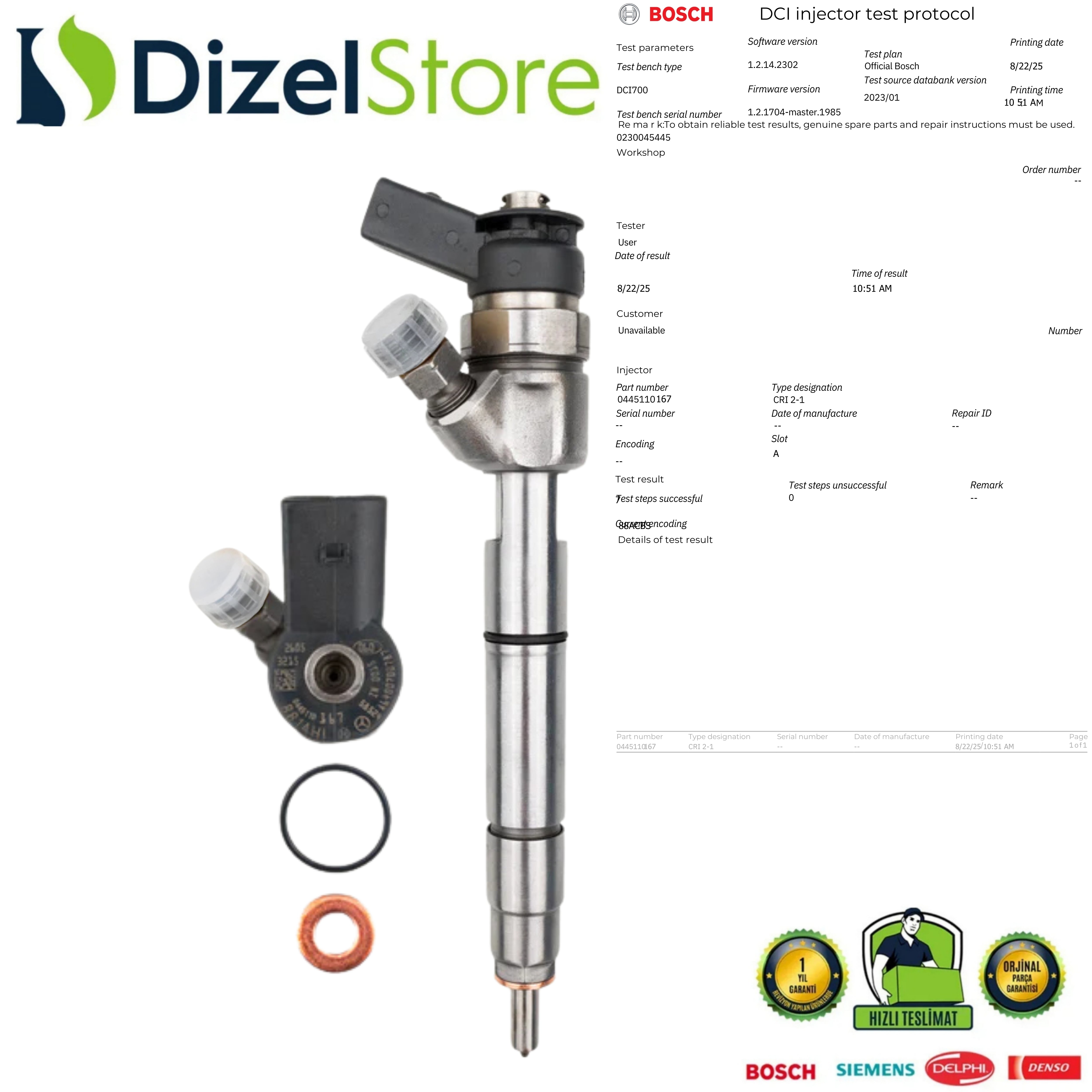 Mercedes Smart 1.5 CDI 2.0 CDI Enjektör 0445110167 A6400700787