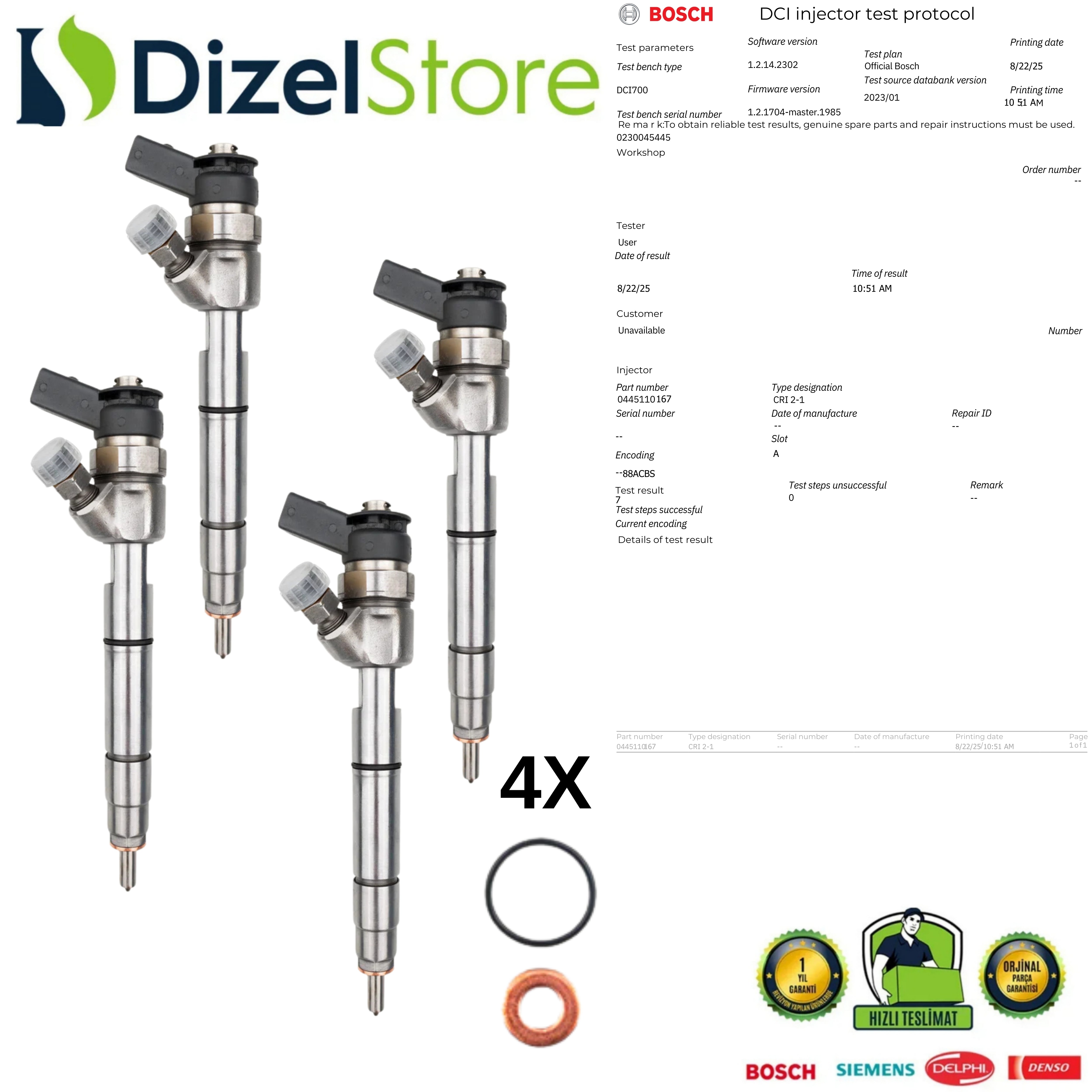 4X Mercedes Smart 1.5 CDI 2.0 CDI Enjektör 0445110167 A6400700787