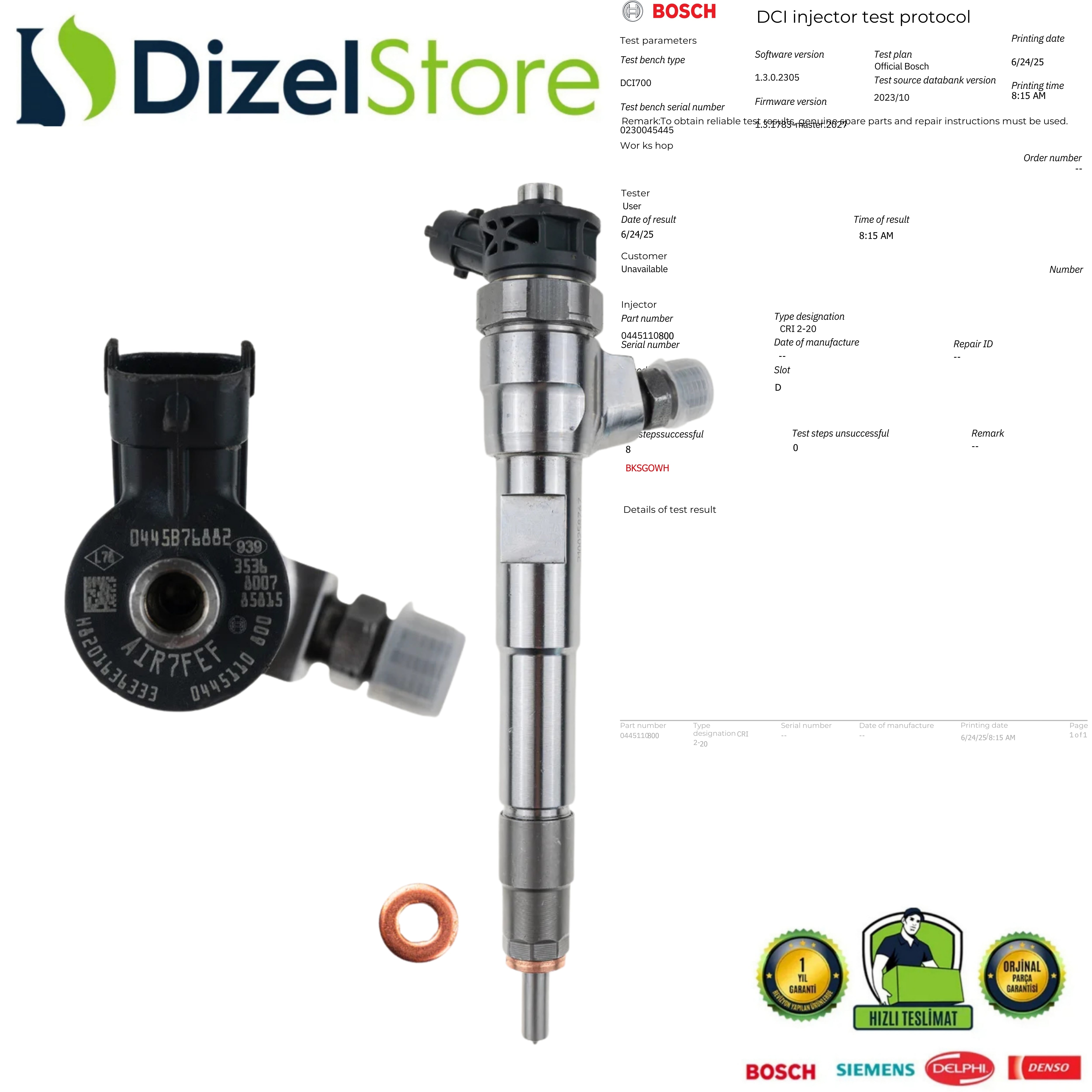 0445110800 Enjektör Megane 4 ADBLUE Dacia Duster 1.5 Dizel K9k 166007427R