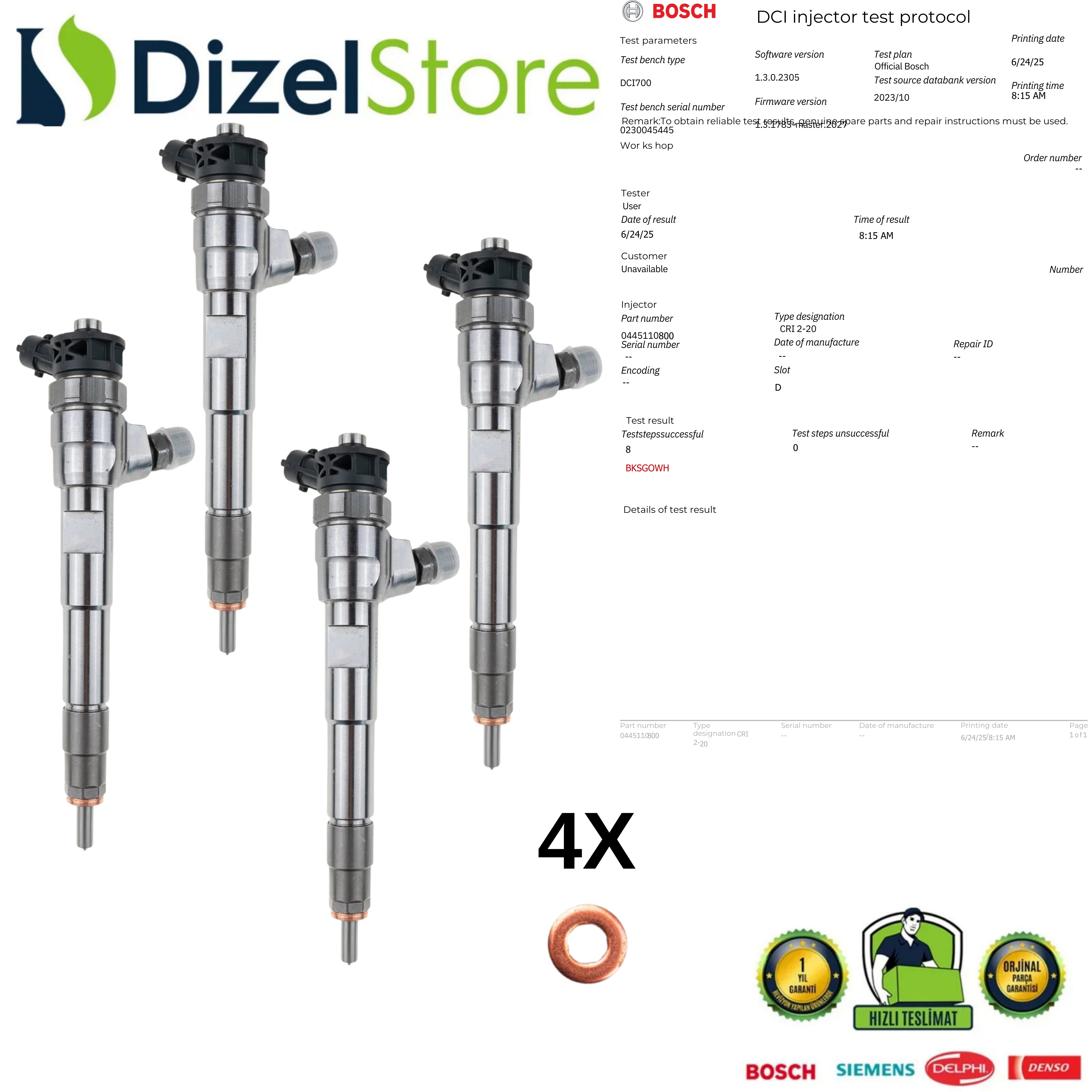 4X 0445110800 Enjektör Megane 4 ADBLUE Dacia Duster 1.5 Dizel K9k 166007427R