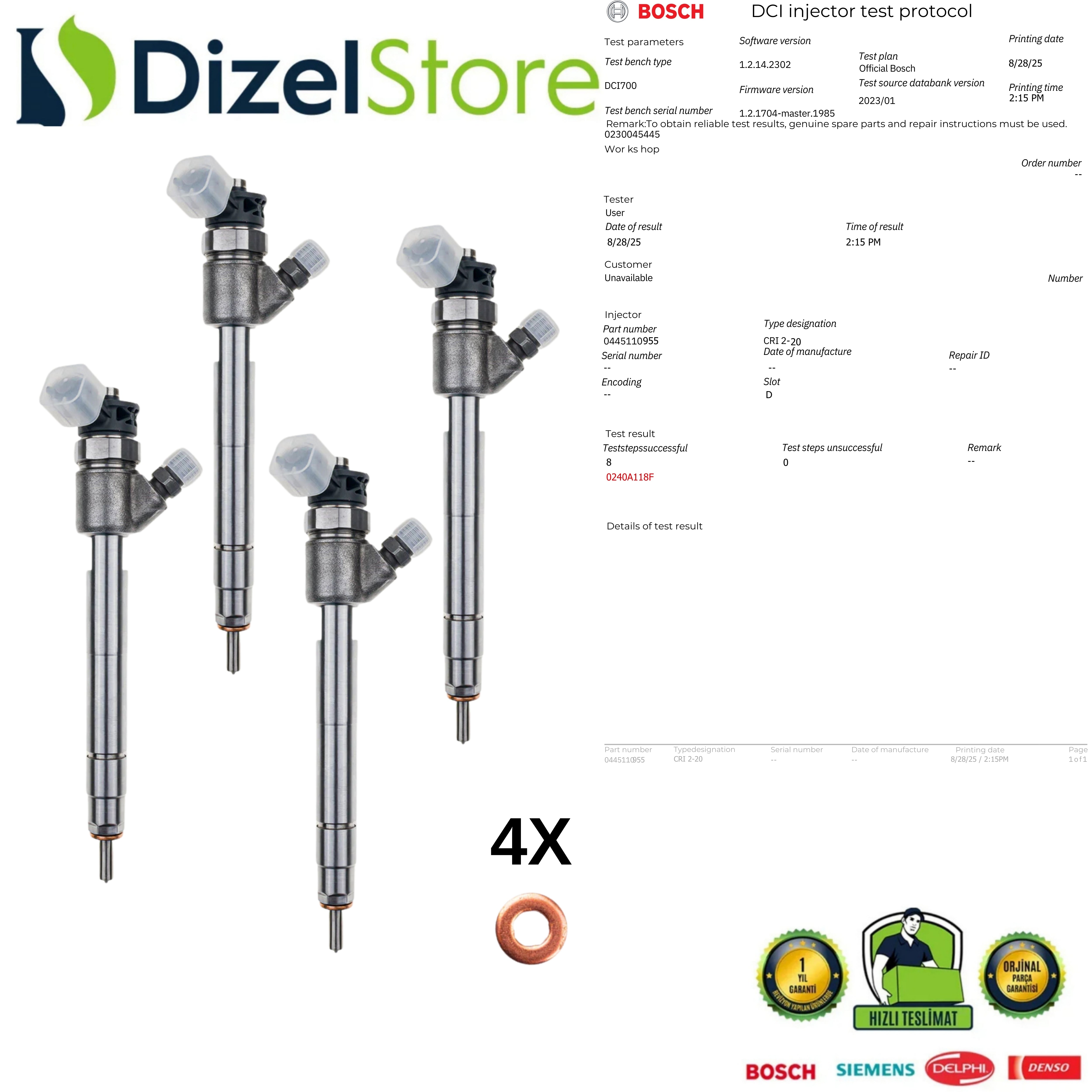 4X FORD FOCUS PEGOUT CİTRÖEN EURO 6 ENJEKTÖR 0445110955-9820403480