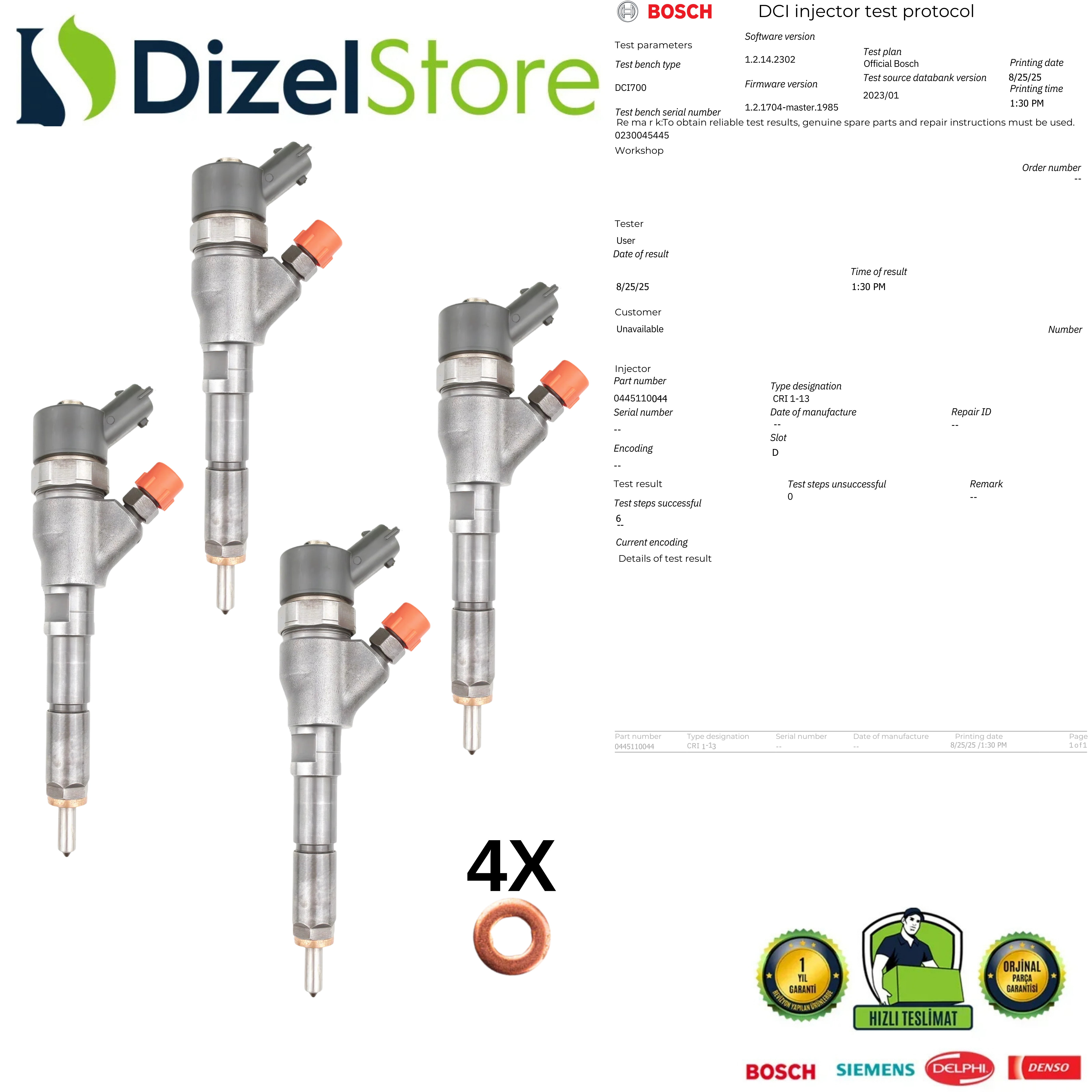 4X 0445110044 Bosch Enjektör Citroen Suzuki Fiat Scudo 2.0 JTD 9456182480