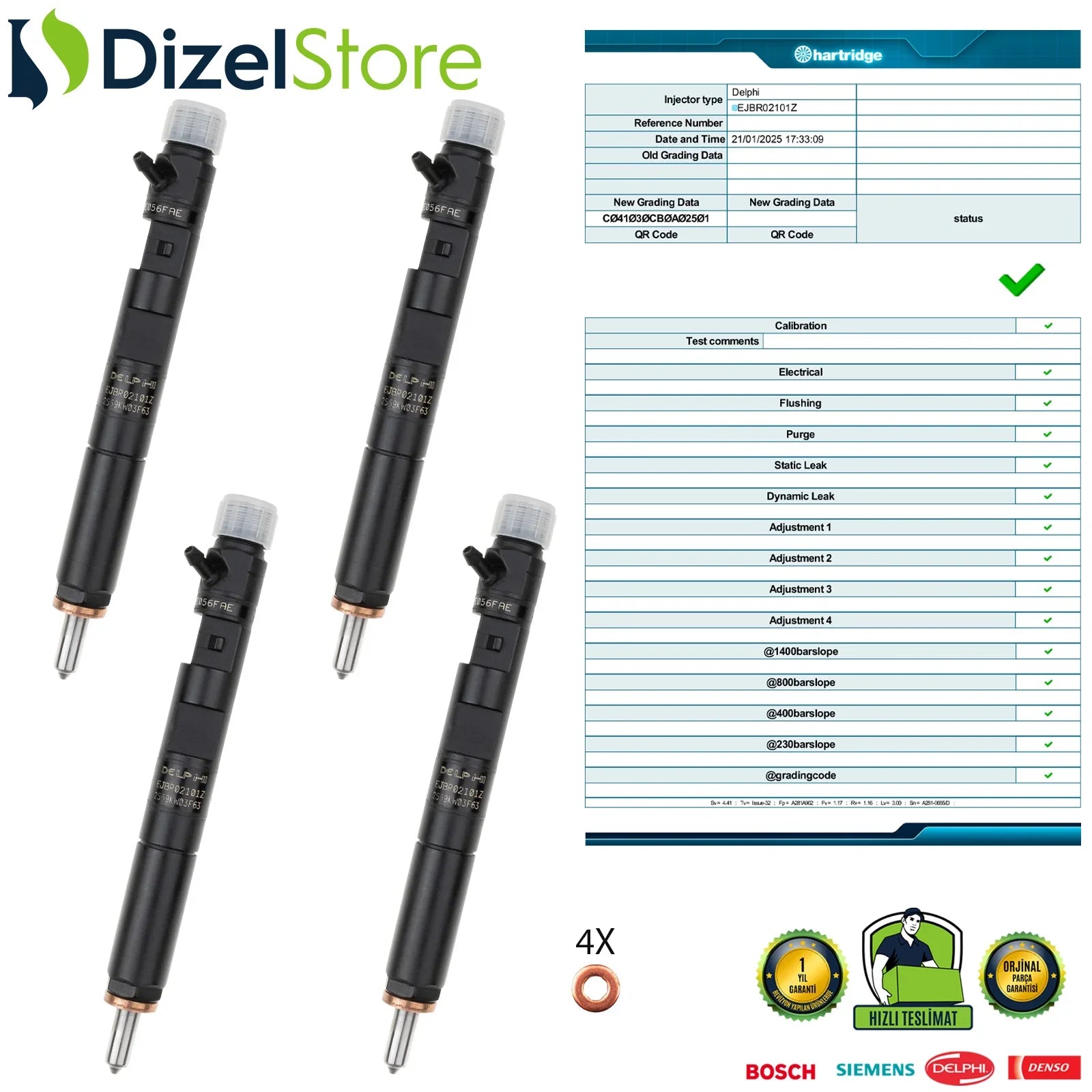 4X EJBR02101Z Delphi Enjektör Dacia Renault Clio Kangoo Logan 1.5
